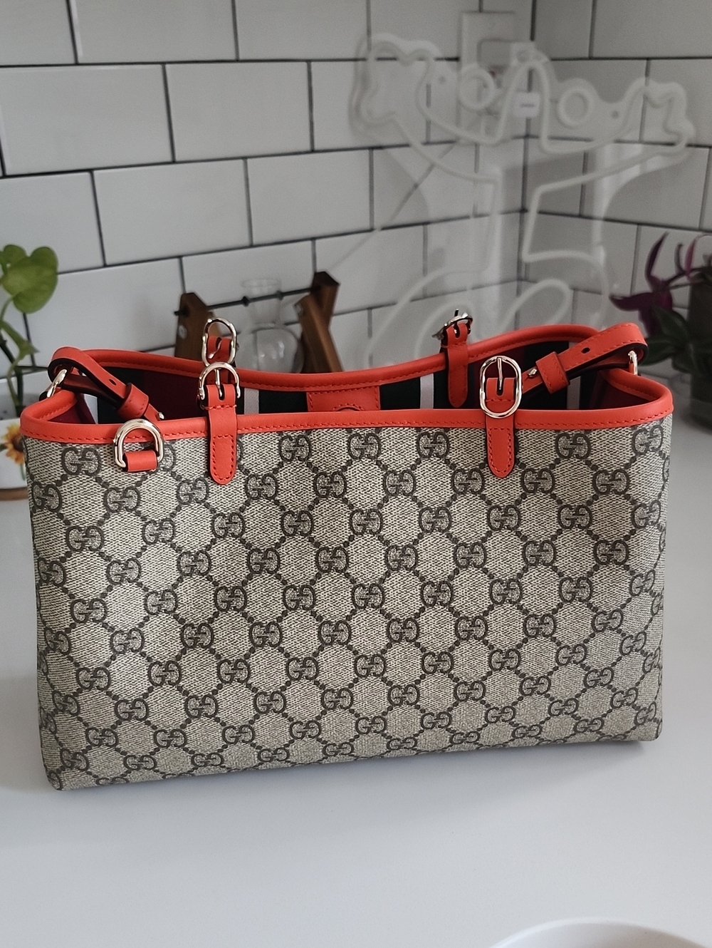 Gucci Beige Monogram Tote with Orange Trim and Gold Hardware